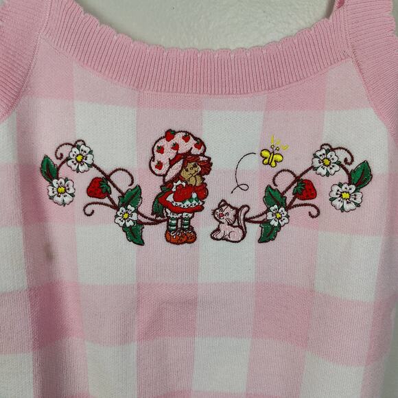 Hot Topic Strawberry Shortcake Knit Tank Top Womens Medium White Pink Gingham - Picture 2 of 9
